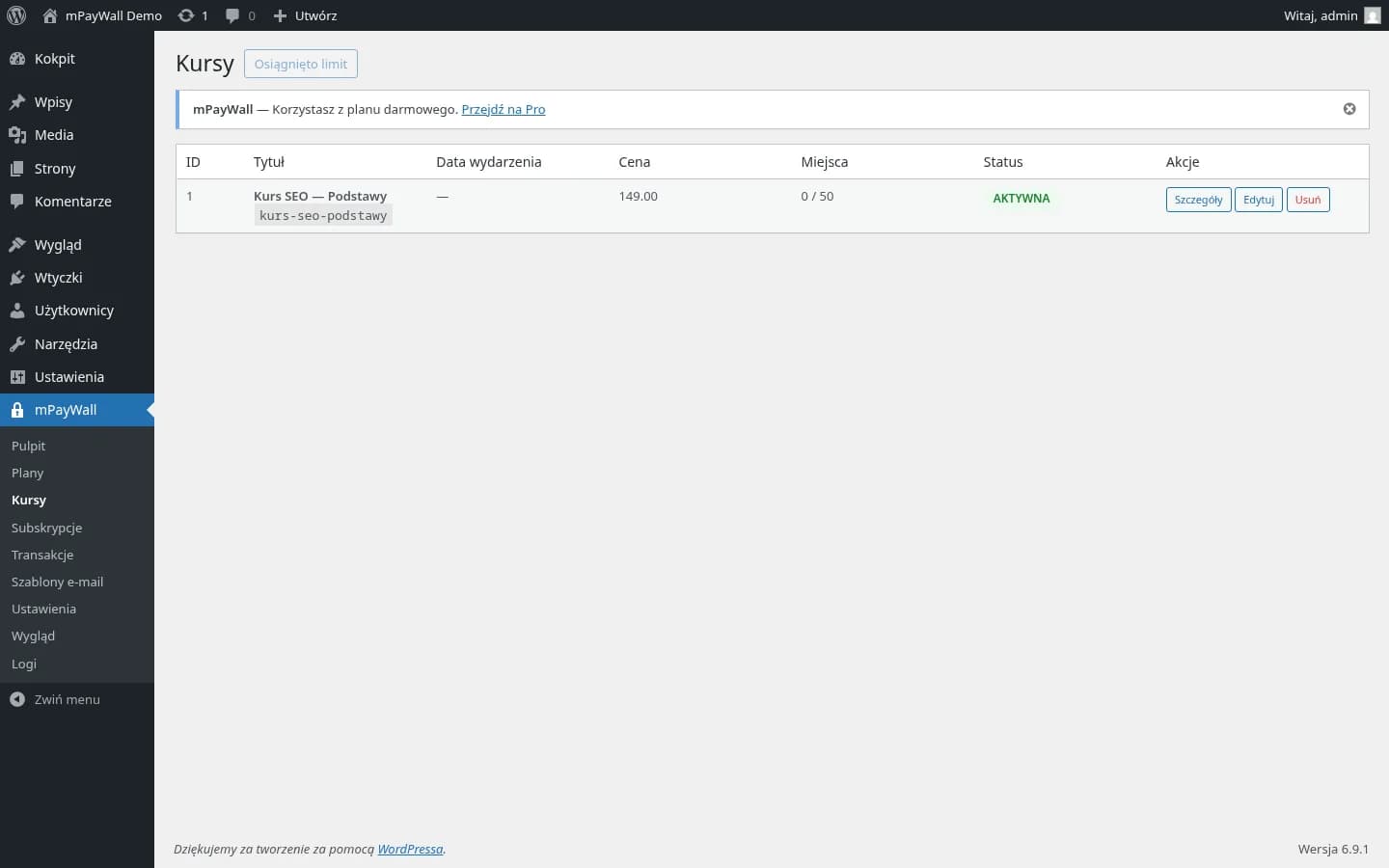 Strona zarządzania szkoleniami online