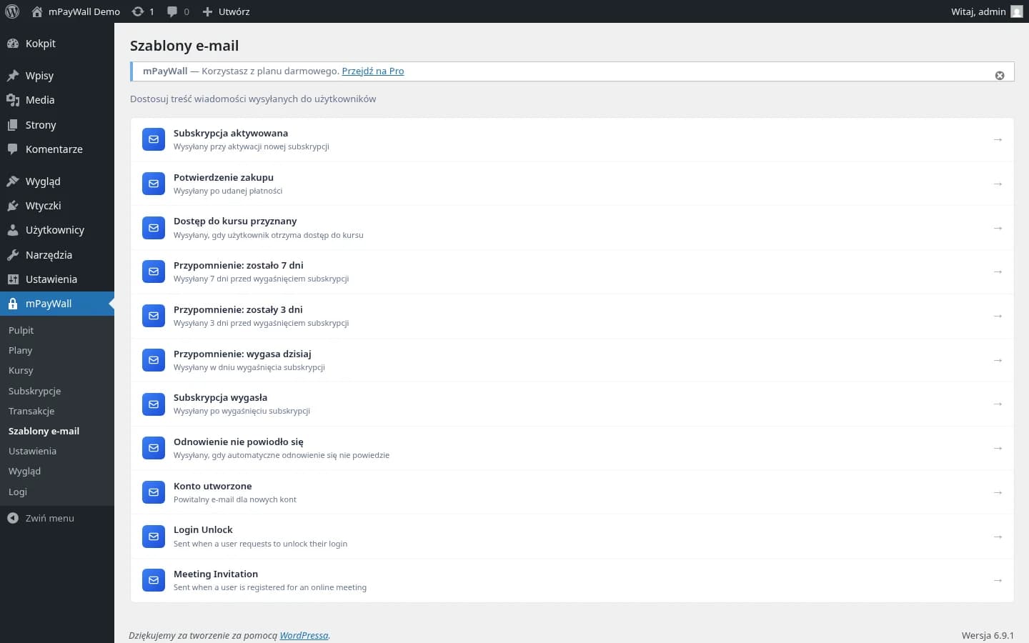 Lista szablonów e-mail wysyłanych do użytkowników